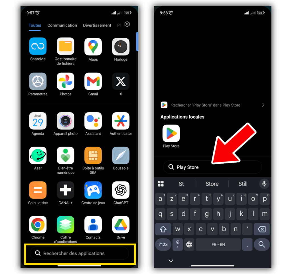 Recherche d'une application disparue dans le tiroir d'applications Android