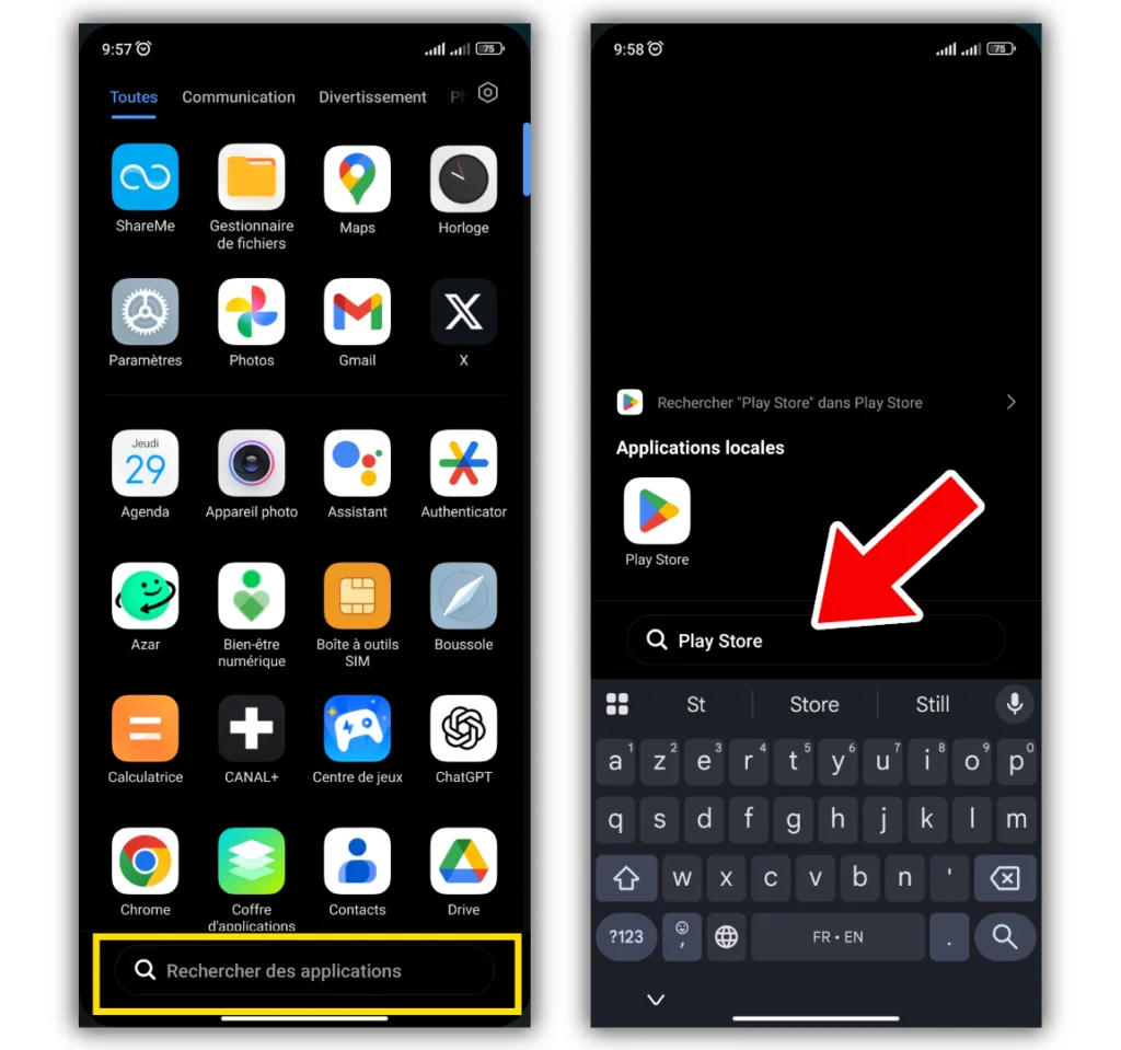 Recherche d'une application disparue dans le tiroir d'applications Android