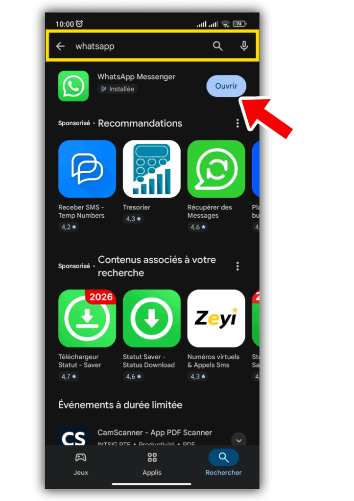 Ouvrir l'application WhatsApp sur Play Store