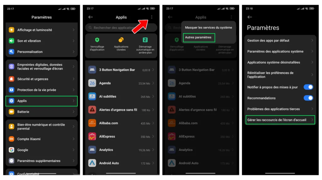 Menu Xiaomi HyperOs pour gérer les raccourcis de l’écran d’accueil et réafficher une application invisible