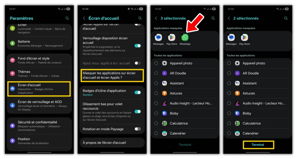 Paramètres Samsung, avec la section des applications masquées mise en évidence