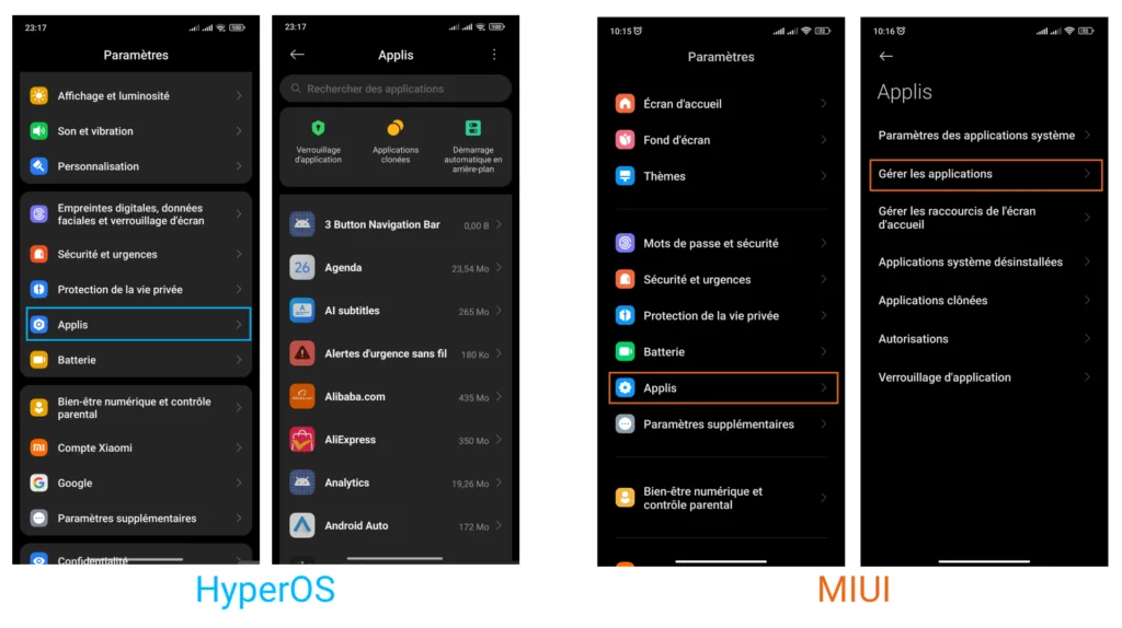 Paramètres Xiaomi des systèmes d'exploitations HyperOS et MIUI affichant la liste des applications