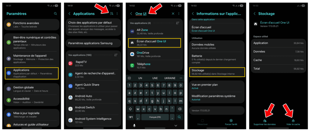Écran One UI Home sur Samsung avec l’option vider le cache pour corriger une application disparue