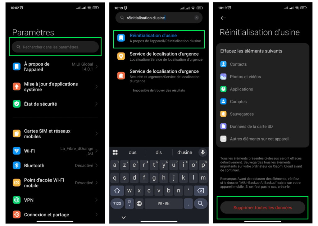 Écran Paramètres Android avec l’option réinitialisation d’usine pour résoudre le problème d’application disparue