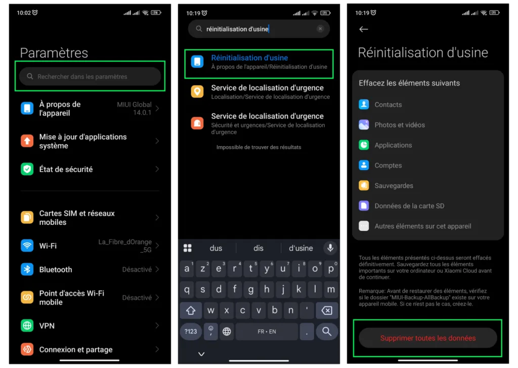 Écran Paramètres Android avec l’option réinitialisation d’usine pour résoudre le problème d’application disparue