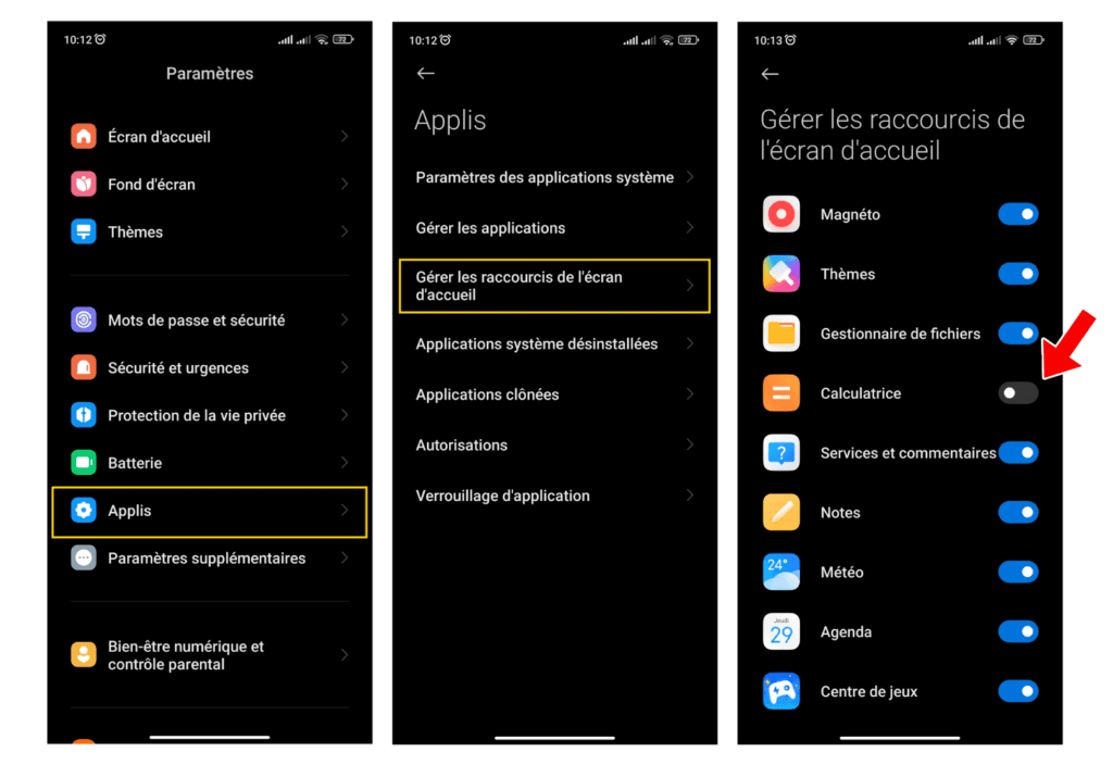 Menu Xiaomi pour gérer les raccourcis de l’écran d’accueil et réafficher une application disparue