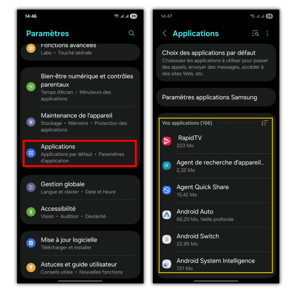 Application Paramètres ouvert affichant la liste des applications sur un Samsung