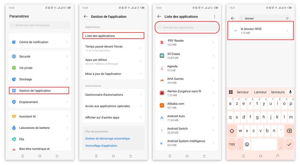 Recherche du lanceur d'applications Tecno dans  la liste des applications pour afin vider le cache