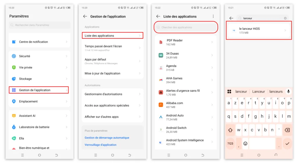 Recherche du lanceur d'applications Tecno dans  la liste des applications pour afin vider le cache