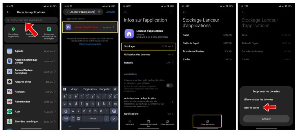 Recherche du lanceur d'applications Xiaomi dans la barre de de recherche de la liste des applications pour afin vider le cache