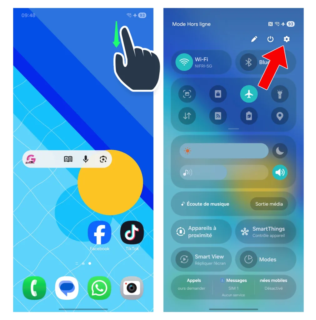 Ouvrir les paramètres du téléphone, 2 méthodes rapides 2 Ecran d'accueil avec le volet raccourci et l'icone paramètres du téléphone Pointé par une flèche.