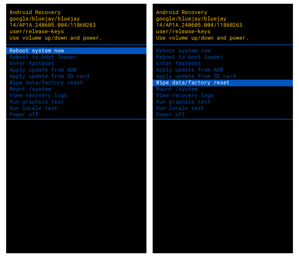 Écran Android Recovery avec options de réinitialisation, curseur sur « Wipe data/factory reset ».