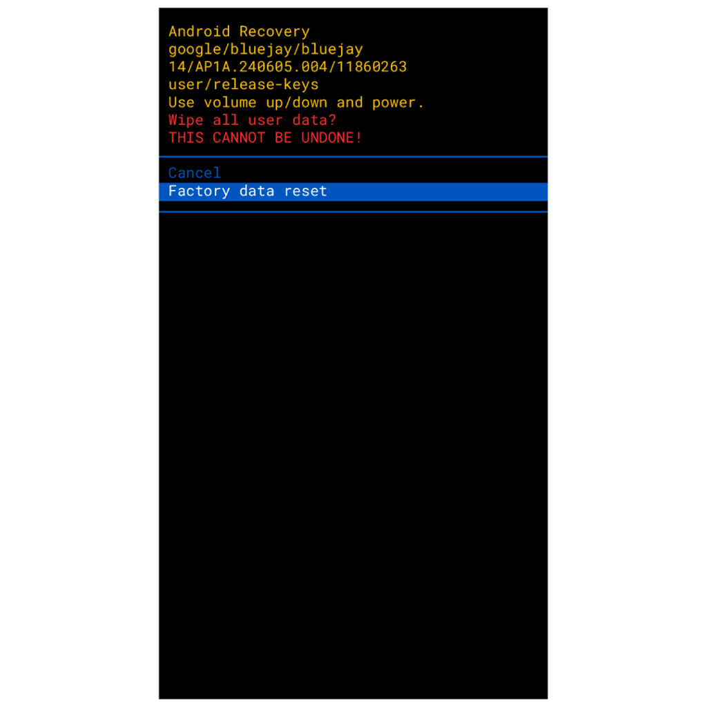 Écran Android Recovery , curseur sur « Factory Data Reset ».