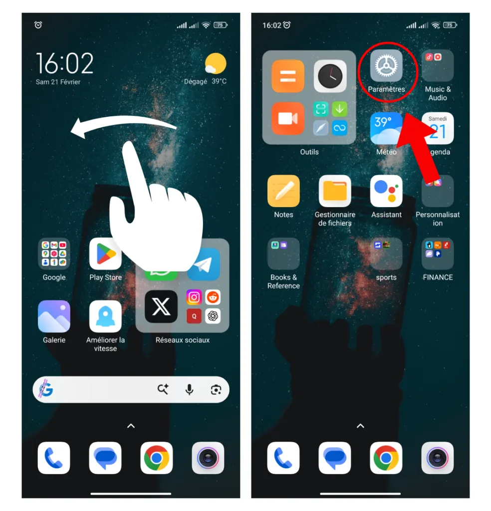 Ouvrir les paramètres du téléphone, 2 méthodes rapides 3 Balayer l'écran d'accueil Android de droite à gauche pour trouver l'icône Paramètres, mise en évidence par un cercle rouge