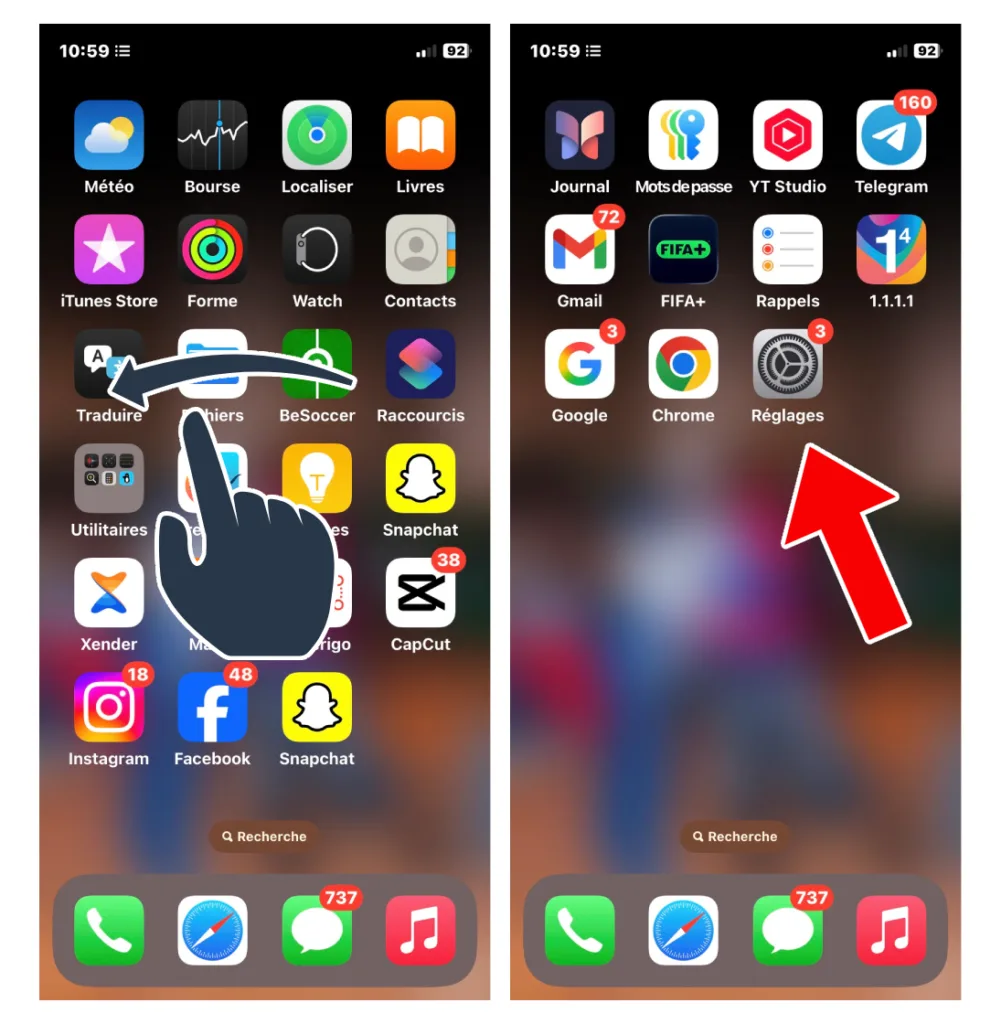 Ouvrir les paramètres du téléphone, 2 méthodes rapides 5 Deux captures d'écran iPhone montrant comment faire glisser l'écran vers la gauche pour trouver et appuyer sur l'icône Réglages