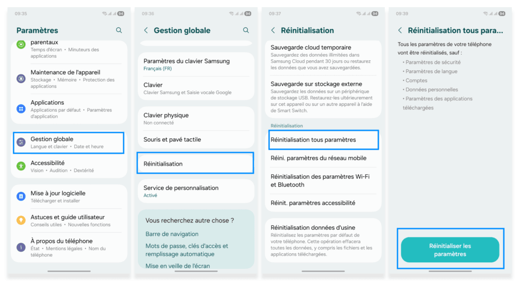 Menu Paramètres Samsung, option « Rénitialisation tous paramètres ».