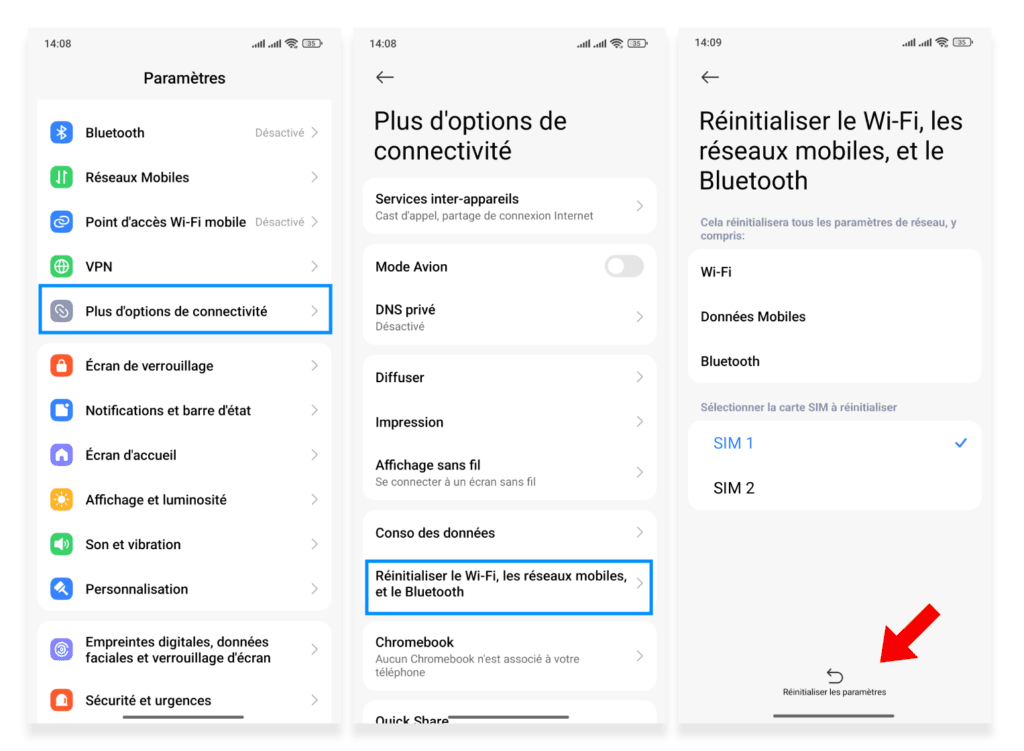 Menu Paramètres Xiaomi, section ‘Plus d’options de connectivité’, option « Réinitialiser Wi-Fi et Bluetooth ».