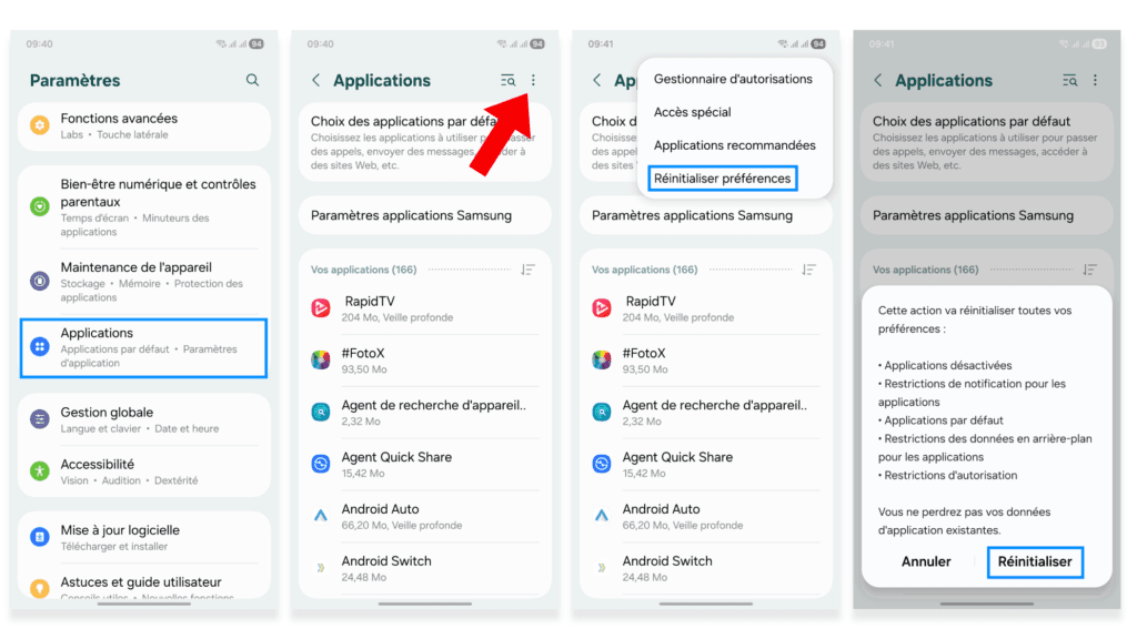Liste des applications Android, menu déroulant en haut à droite avec option « Réinitialiser les préférences ».
