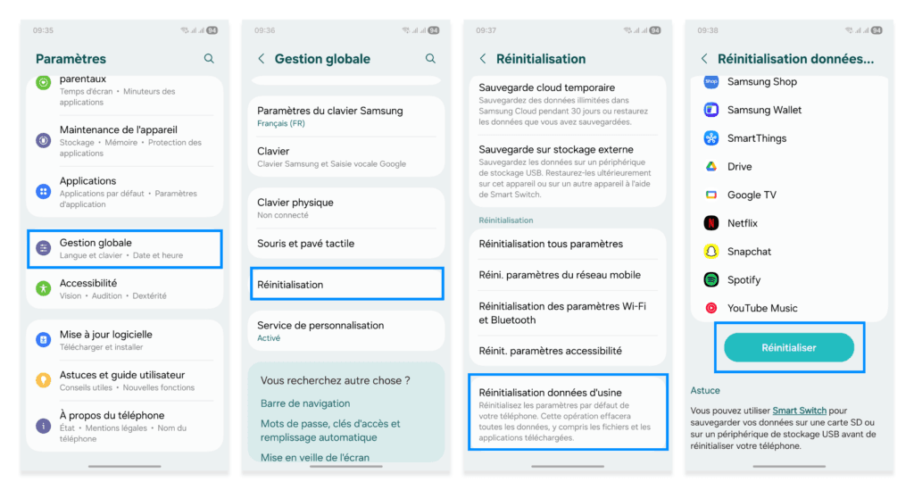 Menu Paramètres d’un Samsung Galaxy A55, option « Réinitialisation données » d’usine entourée.
