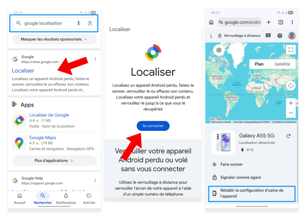 Interface Google Location affichant l'appareil lié au compte, option « Rétablir la configuration d’usine » sélectionnée.