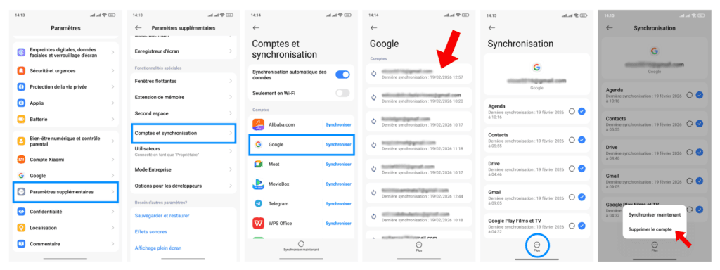 Menu paramètres d'un smartphone Xiaomi dans la section de suppression d'un compte Google.