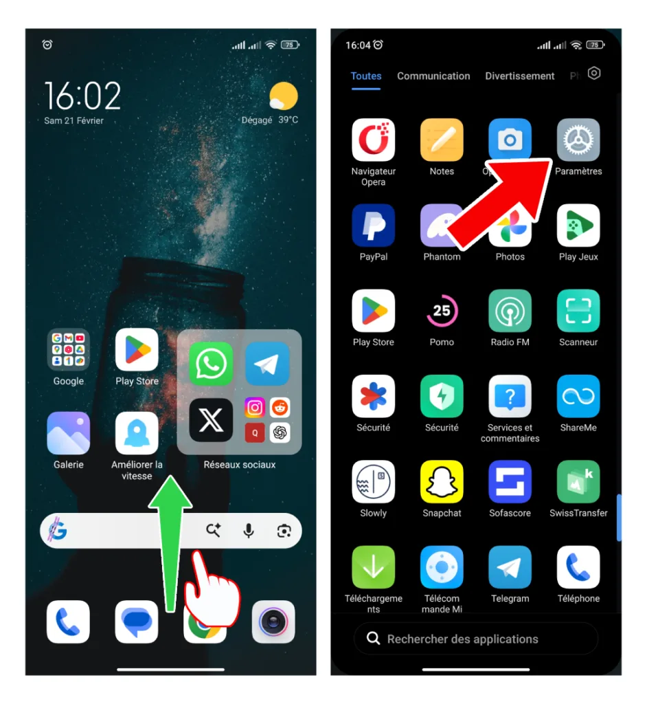 Ouvrir les paramètres du téléphone, 2 méthodes rapides 4 Tiroir d'applications Android ouvert avec une flèche rouge pointant vers l'icône Paramètres