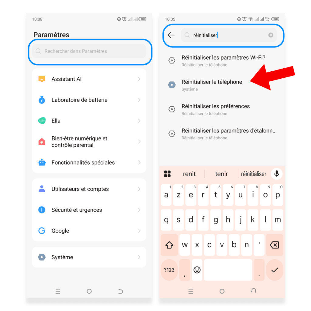 Barre de recherche des paramètres Android, mot-clé « Réinitialiser » saisi, résultats affichés.