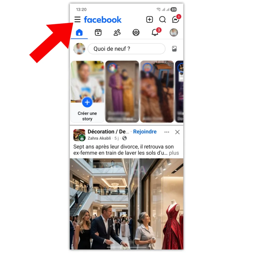 Capture d'écran de l'application Facebook avec une flèche rouge pointant vers l'icône menu à trois barres en haut à gauche