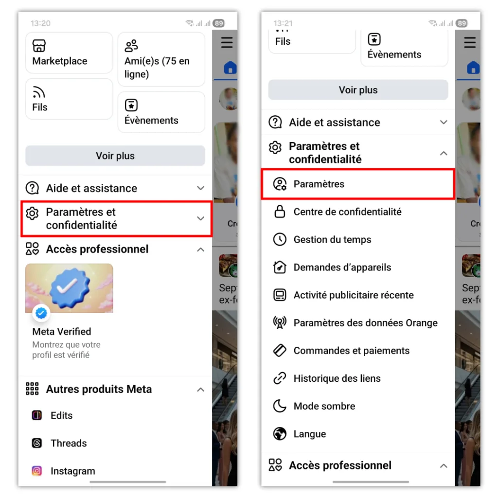 Menu Facebook mobile : sélectionner Paramètres et confidentialité (gauche), puis Paramètres mis en évidence (droite)