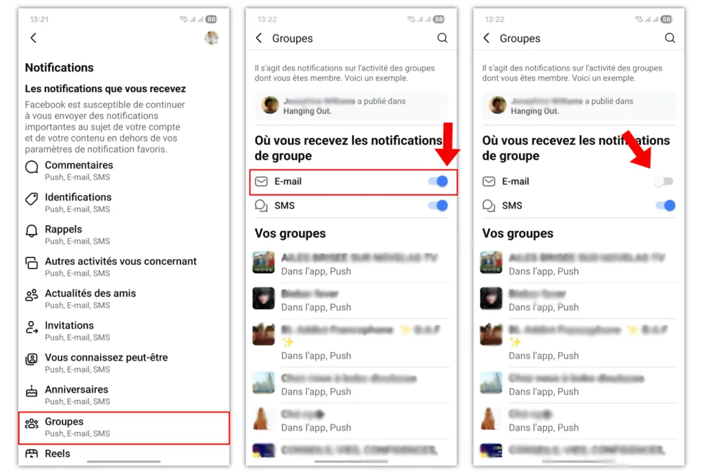 Trois captures d'écran montrant comment désactiver la notification e-mail des Groupes Facebook : sélectionner Groupes dans les paramètres, puis désactiver le bouton E-mail