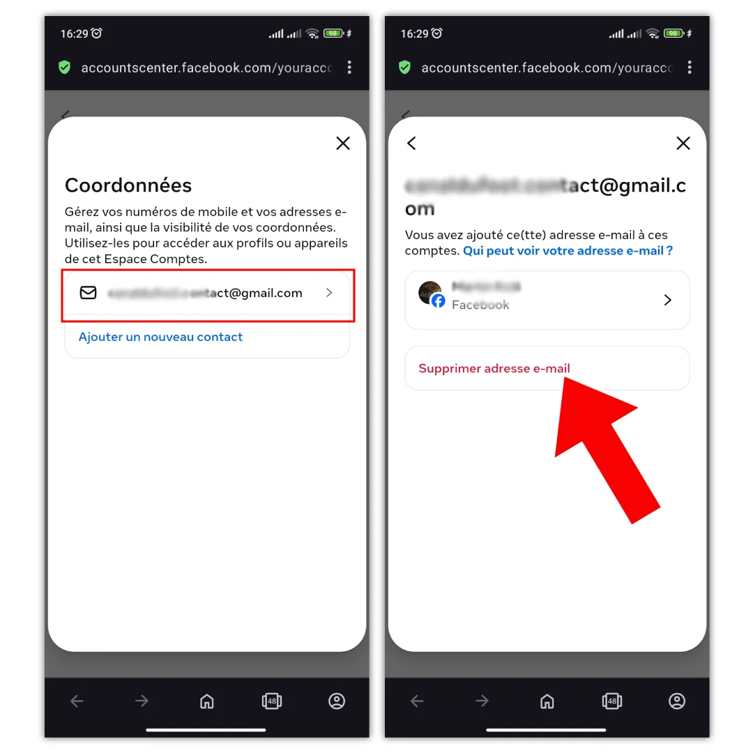 Sélectionner l'adresse e-mail dans les coordonnées Facebook, puis appuyer sur « Supprimer adresse e-mail »