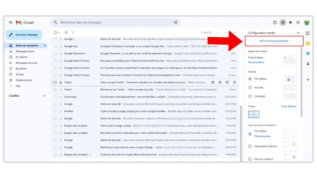Panneau de configuration rapide Gmail avec une flèche rouge pointant vers le bouton « Voir tous les paramètres »