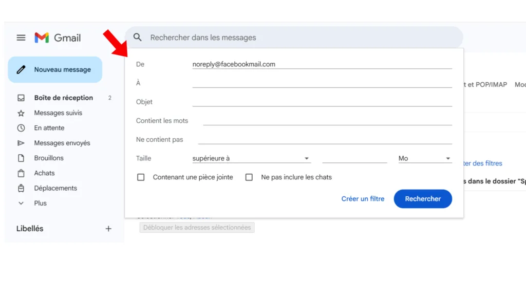Formulaire de création de filtre Gmail avec noreply@facebookmail.com saisi dans le champ « De »