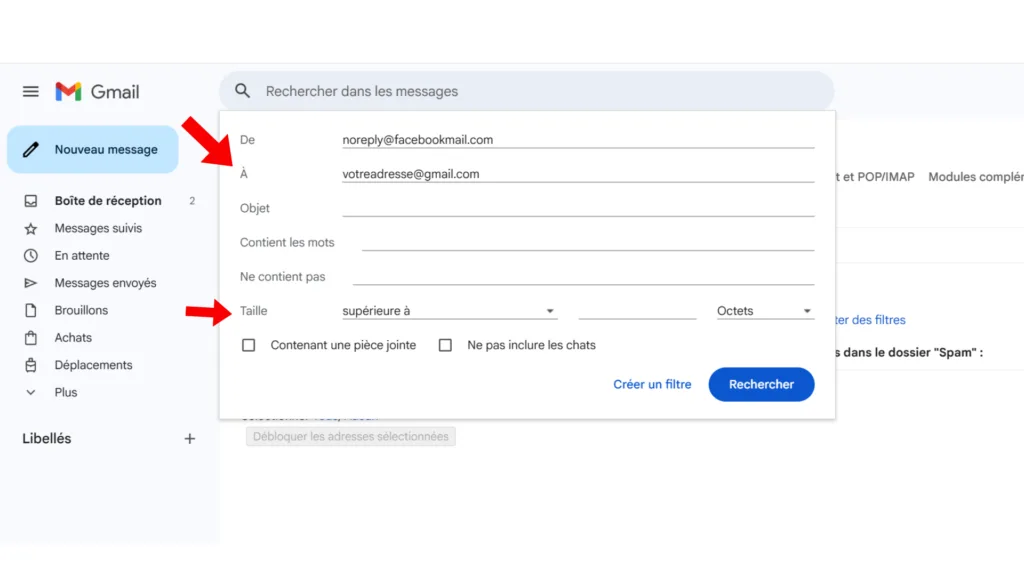 Formulaire de création de filtre Gmail avec noreply@facebookmail.com dans le champ « De » et la taille minimale sélectionnée