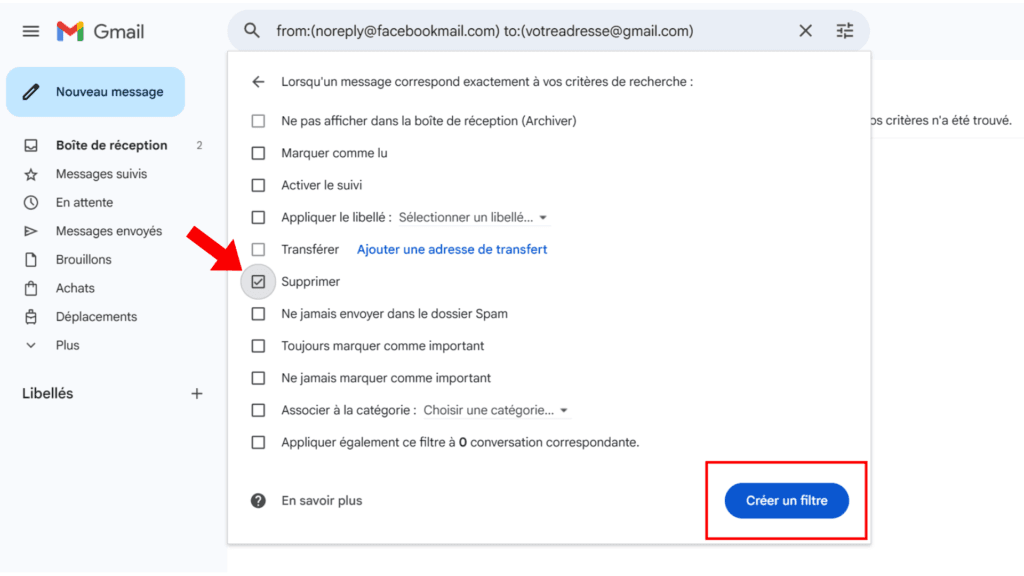 Liste des actions avec l'option Supprimer cochez pour créer un filtre