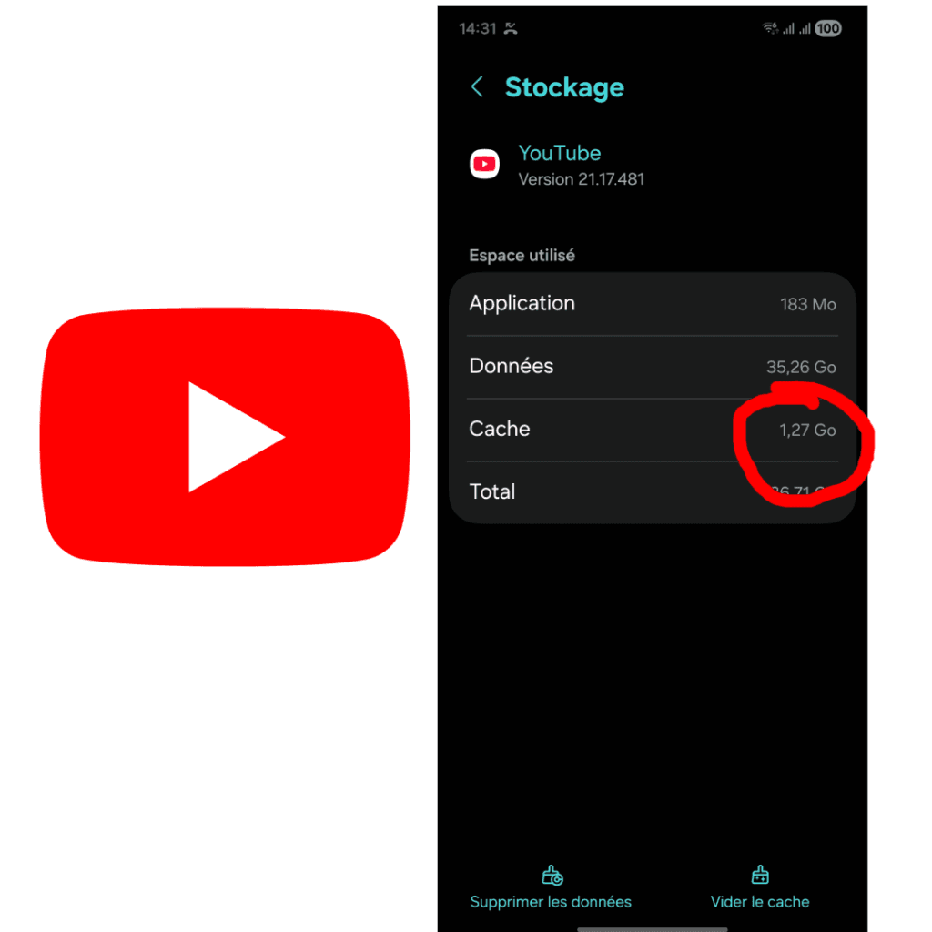 Cache accumuler par application YouTube pouvant être libérer