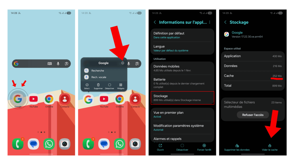 application google sélectionnée sur l'écran d'accueil puis la section information sur l'application sélectionner pour vider le cache dans Stockage