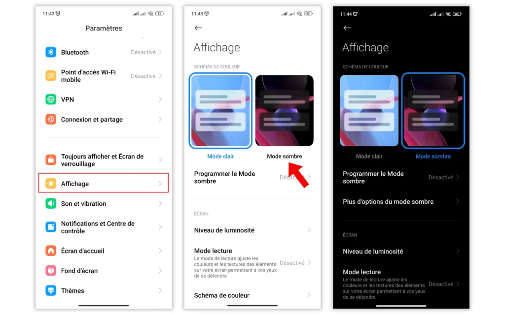Trois captures d'écran montrant comment activer le mode sombre sur MIUI : menu Paramètres, sélection Affichage, puis choix du Mode sombre