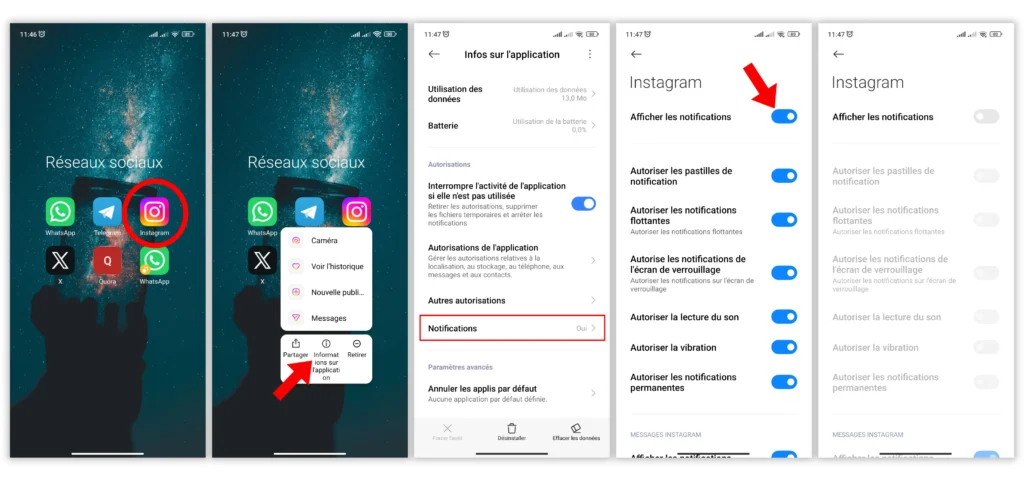 Étapes pour activer ou désactiver les notifications d'une application sur Android (Xiaomi): appui long sur l'icône de l'appli, puis sur Infos sur l'application, ensuite sur Notifications, et basculer le bouton Afficher les notifications