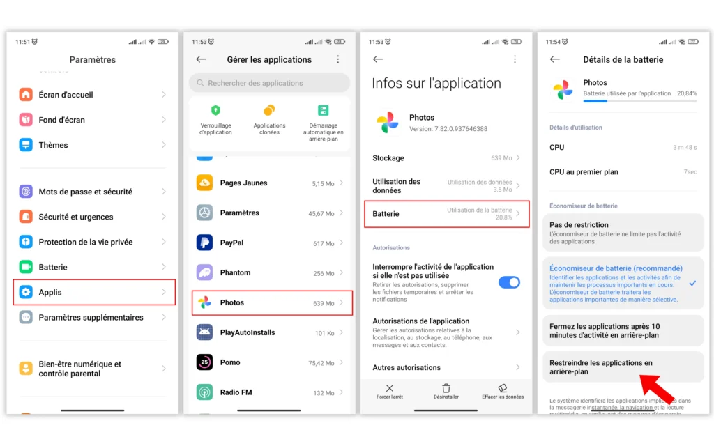Quatre captures d'écran Android montrant les étapes pour accéder aux paramètres de batterie de l'application Photos via Paramètres > Applis > Photos > Batterie pour restreindre l'activité de l'application en arrière-plan