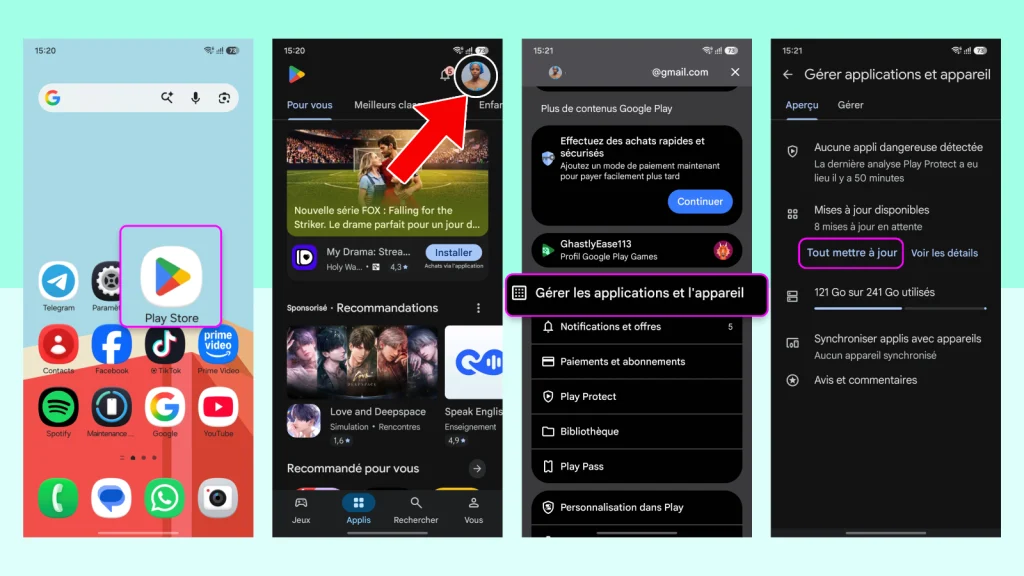 Pourquoi mon téléphone rame sur internet : causes et solutions 6 Étapes pour mettre à jour les applications Android : ouvrir le Play Store, appuyer sur le profil, sélectionner Gérer les applications et l'appareil, puis Tout mettre à jour