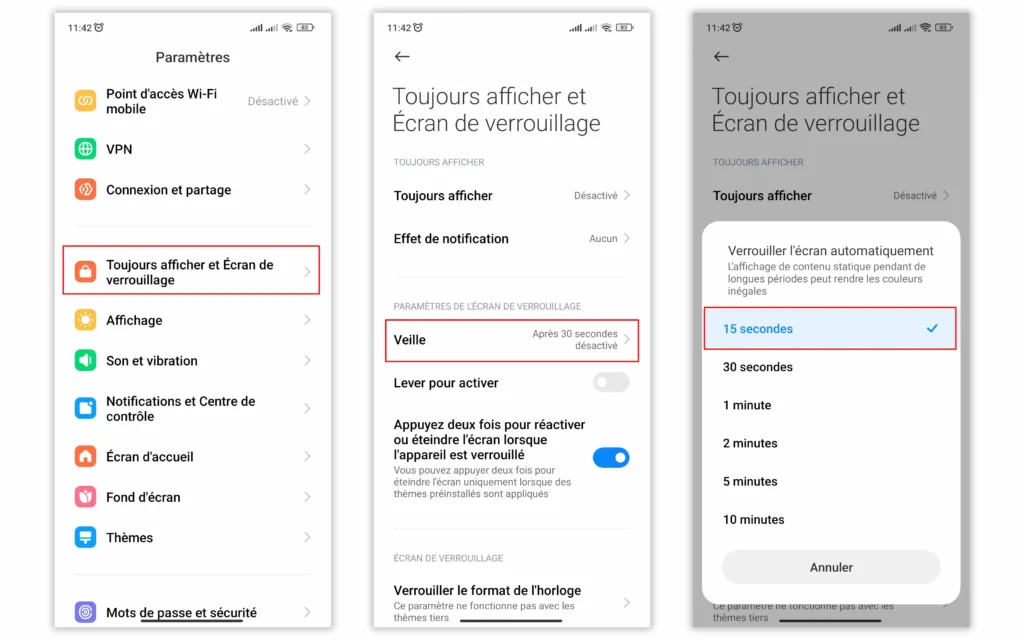 Trois captures d'écran montrant comment accéder aux paramètres de veille sur Android :  via le menu Paramètres > Écran de verrouillage > Veille, option Veille réglée sur 30 secondes, et sélection de 15 secondes