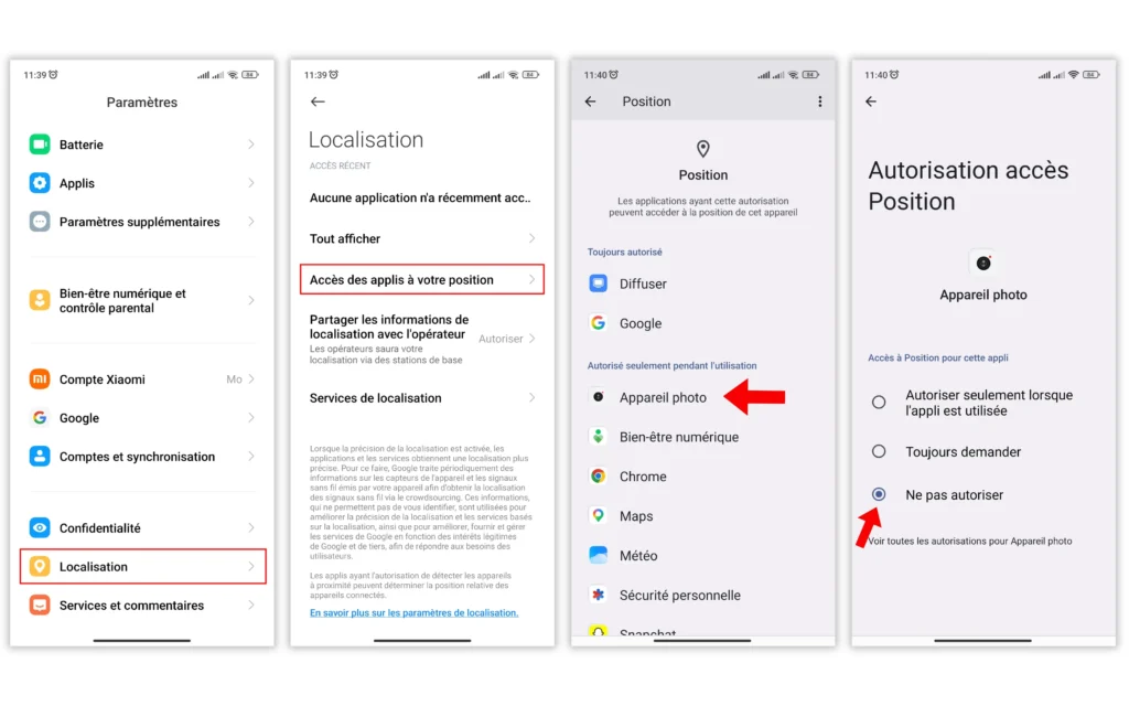 Quatre captures d'écran Android montrant comment désactiver l'accès à la position pour l'application Appareil photo via Paramètres > Localisation > Accès des applis > Appareil photo > Ne pas autoriser