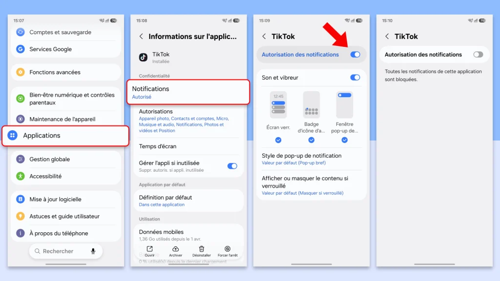 Pourquoi mon téléphone rame sur internet : causes et solutions 3 Étapes pour désactiver les notifications de TikTok sur Samsung : Paramètres > Applications > Notifications > désactiver l'autorisation des notifications