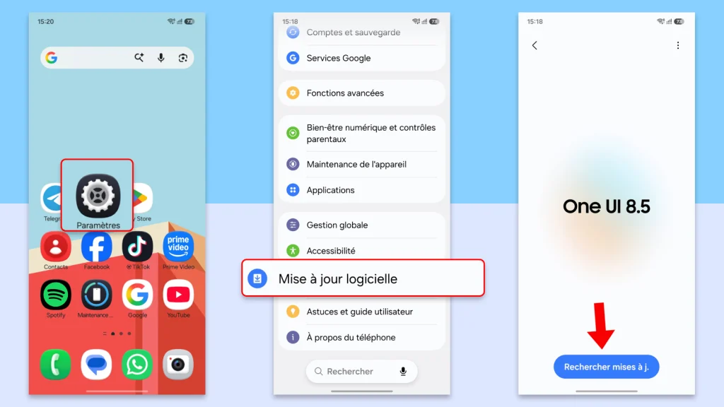 Pourquoi mon téléphone rame sur internet : causes et solutions 5 Captures d'écran Samsung montrant comment accéder à Paramètres, sélectionner Mise à jour logicielle, puis appuyer sur Rechercher mises à jour