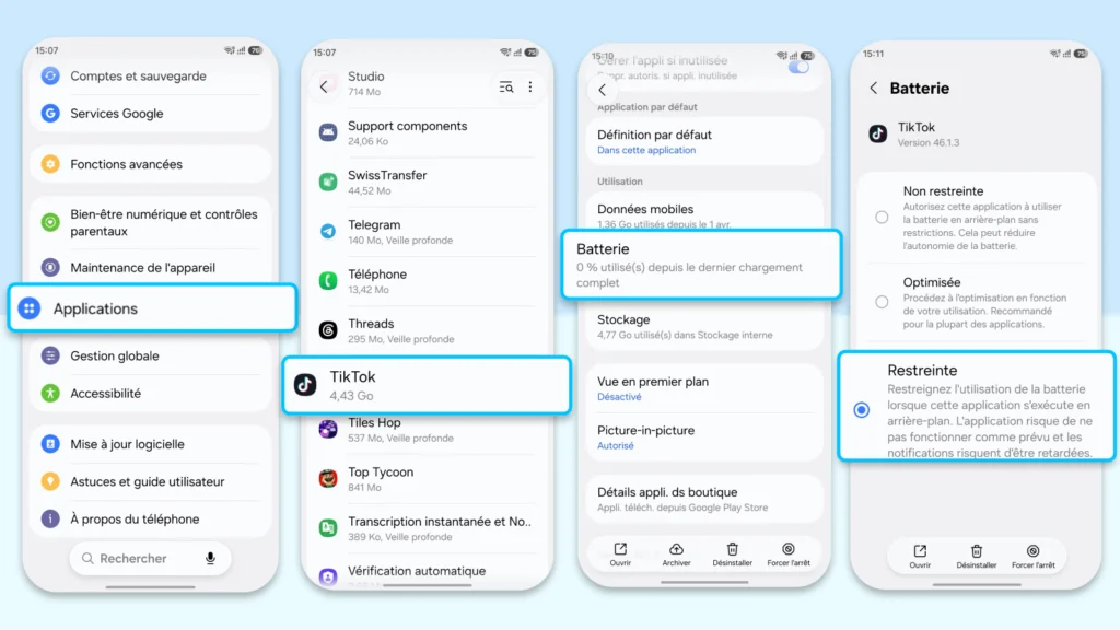 Pourquoi mon téléphone rame sur internet : causes et solutions 2 Quatre captures d'écran Android montrant comment accéder aux paramètres > Applications > TikTok > Batterie et sélectionner l'option Restreinte pour limiter l'activité d'une application en arrière-plan