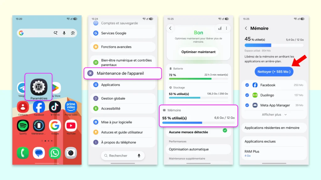 Pourquoi mon téléphone rame sur internet : causes et solutions 7 Captures d'écran Samsung montrant les étapes pour nettoyer la RAM : Paramètres, Maintenance de l'appareil, Mémoire, puis bouton Nettoyer