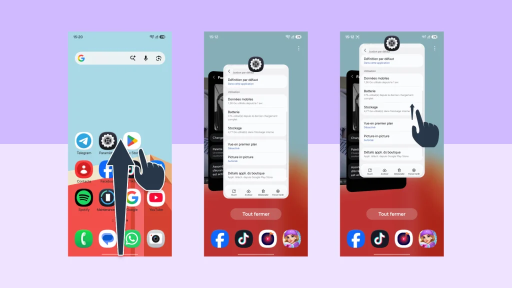 Pourquoi mon téléphone rame sur internet : causes et solutions 4 Captures d'écran montrant comment fermer les applications en multitâche sur Android via le gestionnaire de tâches