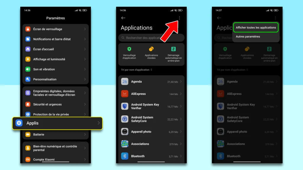 Comment enlever la vibration du clavier sur Xiaomi 6 Captures d'écran Xiaomi : sélectionner Applis dans les paramètres, puis appuyer sur les trois points pour choisir Afficher toutes les applications