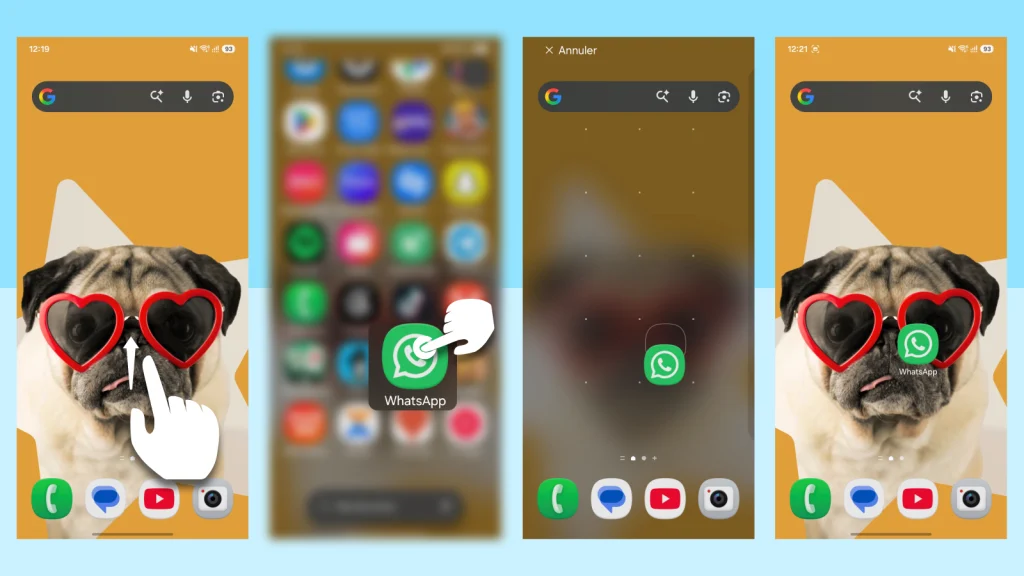 Captures d'écran illustrant comment glisser l'icône WhatsApp du tiroir d'applications vers l'écran d'accueil Samsung, en appuyant longuement sur l'icône jusqu'à ce qu'elle apparaisse sur l'écran d'accueil